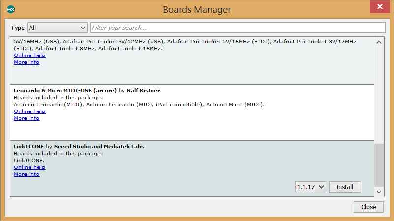 Select the latest LinkIt ONE SDK version and click Install